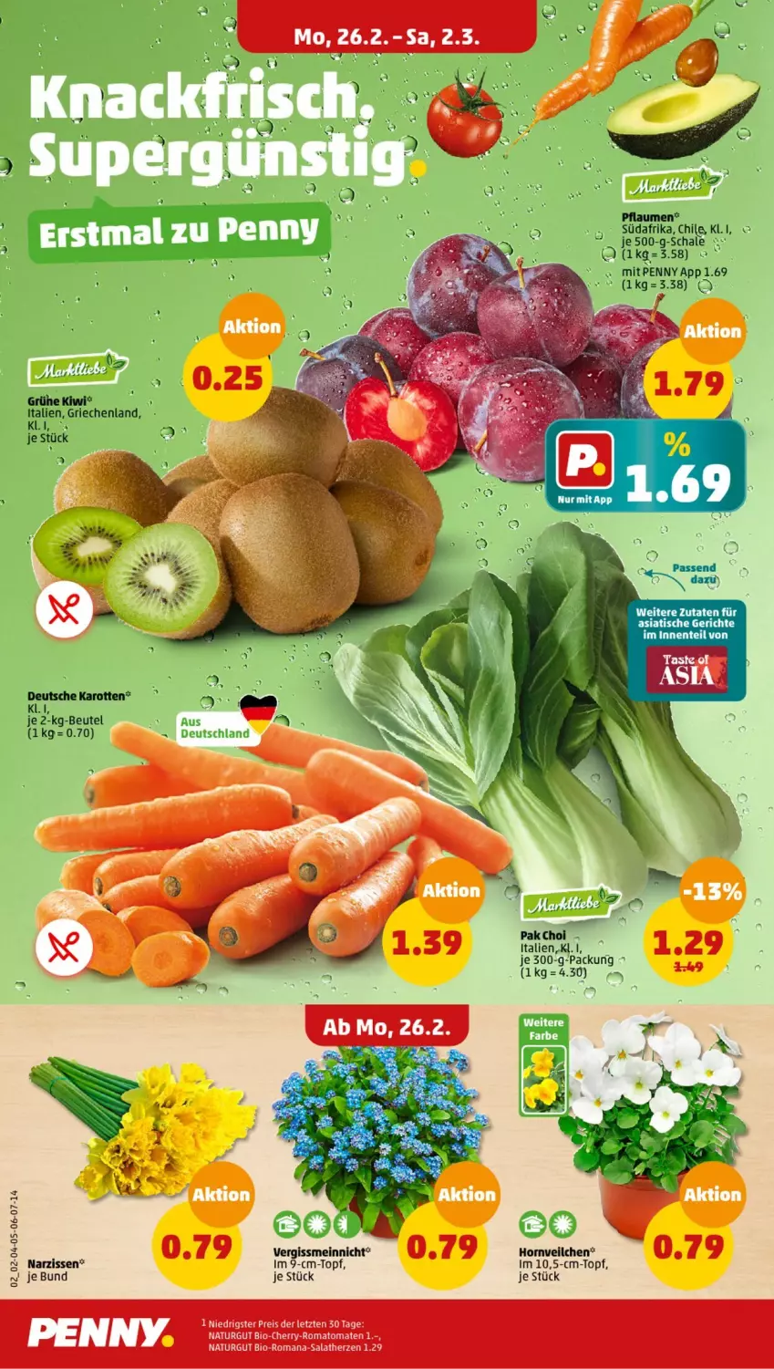 Aktueller Prospekt Penny - Prospekte - von 26.02 bis 02.03.2024 - strona 2 - produkty: beutel, bio, eis, ente, im 9-cm-topf, karotten, kiwi, Narzissen, natur, pflaume, pflaumen, reis, Romatomaten, salat, salatherzen, Schal, Schale, Ti, tisch, tomate, tomaten, topf, ZTE