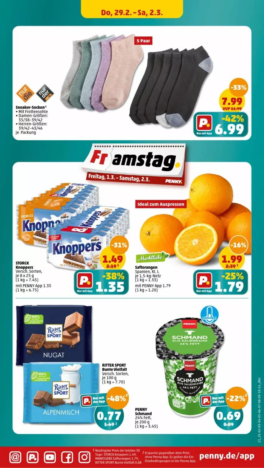 Aktueller Prospekt Penny - Prospekte - von 26.02 bis 02.03.2024 - strona 21 - produkty: auer, knoppers, leine, mit frotteesohle, orange, orangen, ritter, ritter sport, saft, Saftorangen, Sauerrahm, schmand, sneaker, socken, Sport, tee