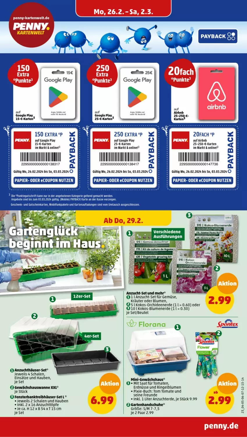 Aktueller Prospekt Penny - Prospekte - von 26.02 bis 02.03.2024 - strona 23 - produkty: Bank, beutel, blume, blumen, blumenerde, buch, coupon, erde, erdnüsse, fenster, fensterbank, Garten, Gewächshaus, google play, handschuhe, kokos, kräuter, orchidee, orchideen, Orchideenerde, papier, Rana, ring, Schal, Schale, schuhe, Ti, tomate, tomaten, Wanne