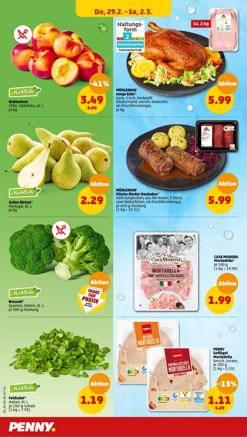 Aktueller Prospekt Penny - Prospekte - von 26.02 bis 02.03.2024 - strona 30 - produkty: ACC, Birnen, broccoli, Casa Modena, dell, eis, ente, feldsalat, fleisch, Geflügel, jungbullen, Mode, mortadella, Nektar, nektarinen, regal, reis, rind, rinder, rinder-rouladen, rouladen, salat, Schal, Schale, Tartufo