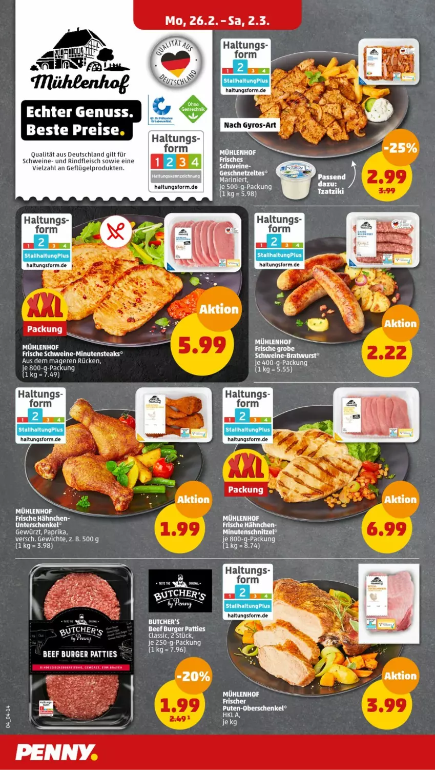 Aktueller Prospekt Penny - Prospekte - von 26.02 bis 02.03.2024 - strona 4 - produkty: beef, bratwurst, burger, eis, fleisch, Frische Hähnchen, Geflügel, geschnetzeltes, henkel, je 250-g-packung, jtc, Jura, minutensteaks, pute, reis, rind, rindfleisch, schenkel, schwein, schweine, steak, steaks, Ti, wein, weine, wurst, Zelt