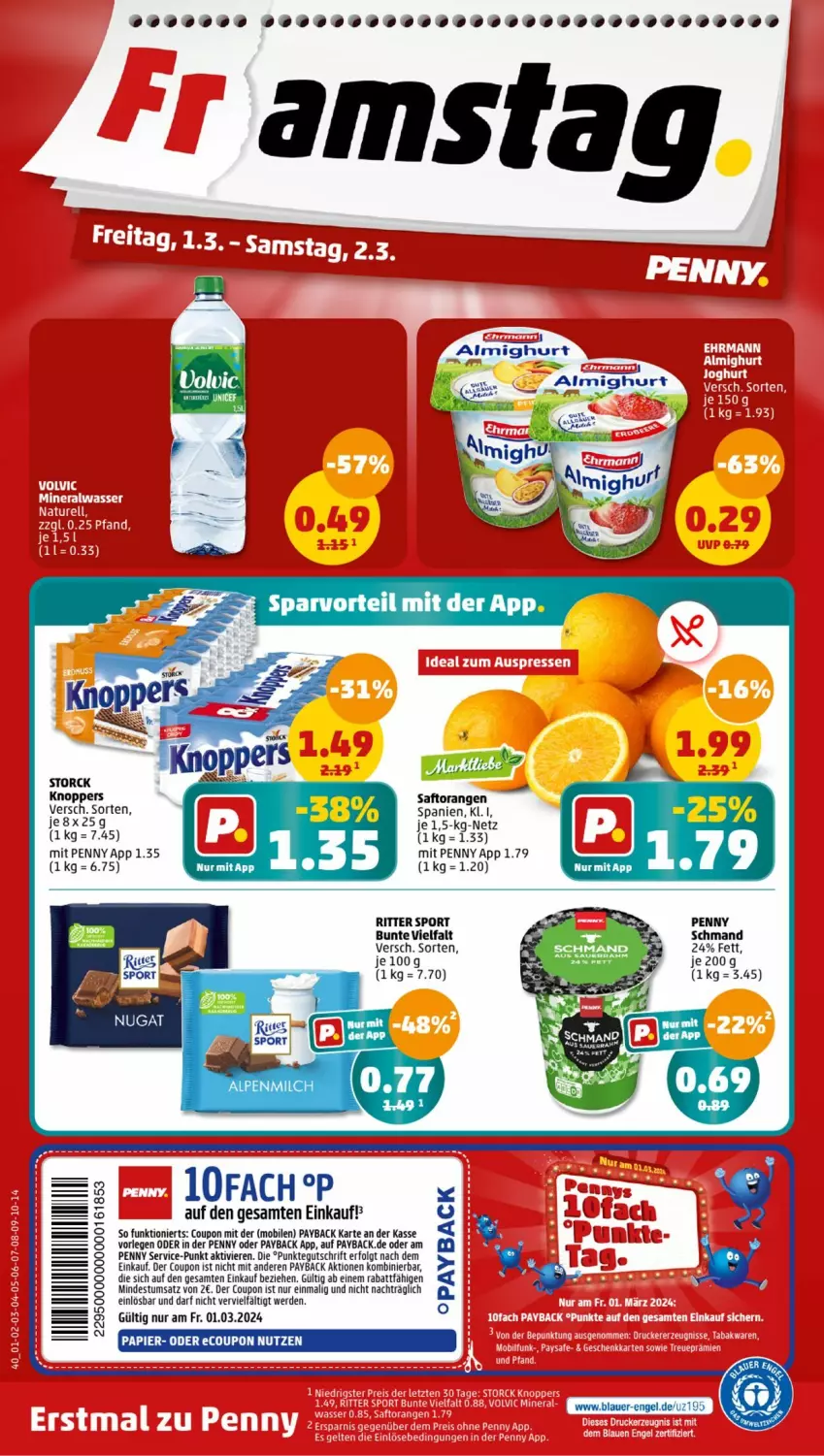 Aktueller Prospekt Penny - Prospekte - von 26.02 bis 02.03.2024 - strona 40 - produkty: almighur, almighurt, alpenmilch, auer, coupon, ehrmann, Engel, erde, knoppers, LG, milch, orange, orangen, papier, payback, ritter, ritter sport, saft, Saftorangen, schmand, Sport, Ti