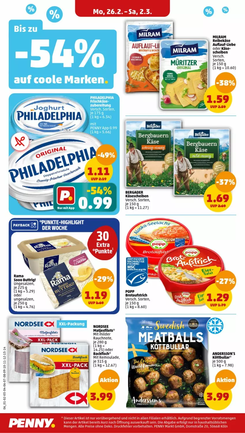 Aktueller Prospekt Penny - Prospekte - von 26.02 bis 02.03.2024 - strona 6 - produkty: aufstrich, backfisch, bergader, brot, brotaufstrich, filet, filets, fisch, gin, joghur, joghurt, Käse, käsescheiben, Köttbullar, matjes, Matjesfilet, matjesfilets, milram, Nordsee, philadelphia, Popp, rama, Rauch, Reibekäse, remoulade, salz, Ti