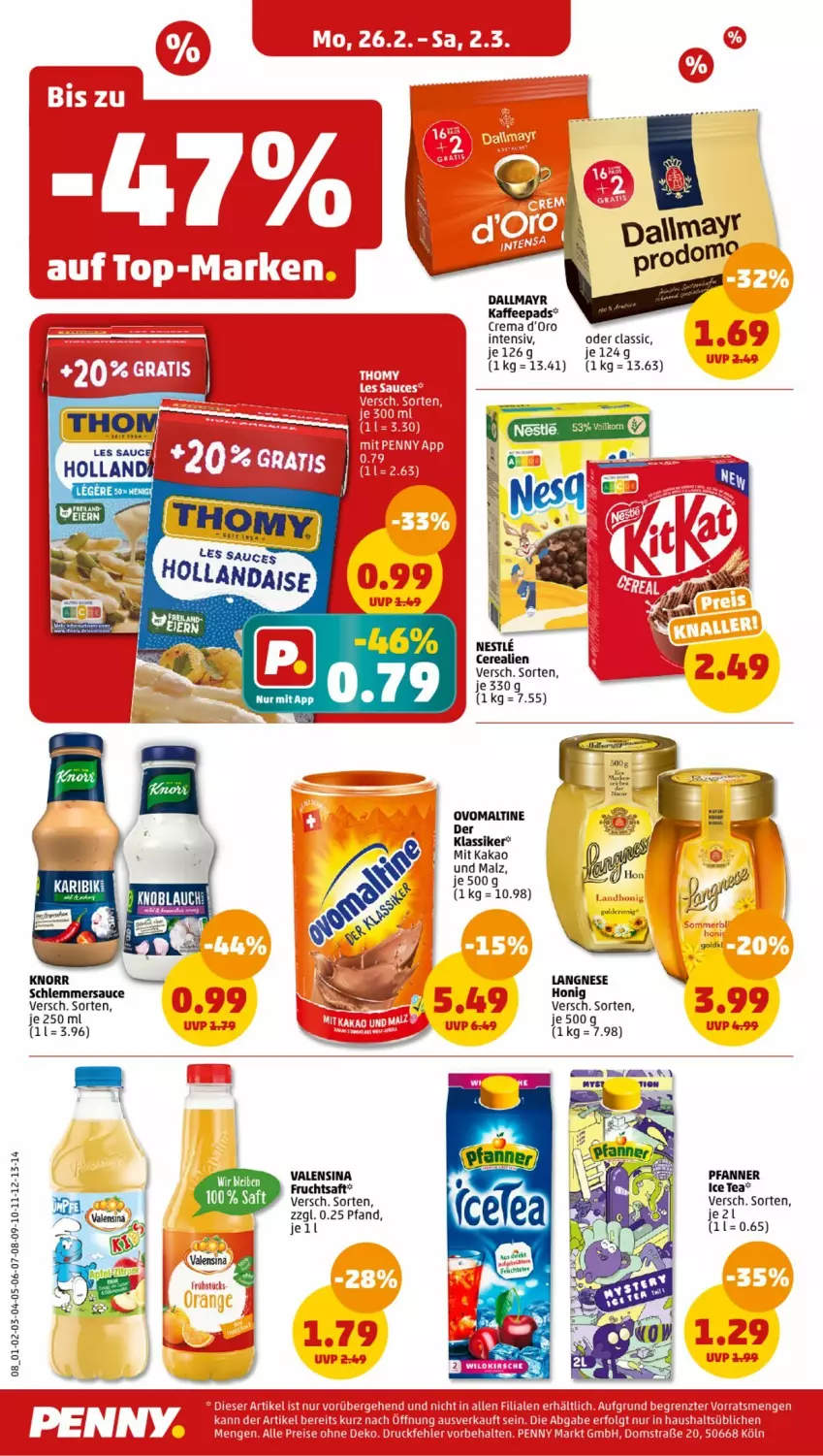 Aktueller Prospekt Penny - Prospekte - von 26.02 bis 02.03.2024 - strona 8 - produkty: cerealien, dallmayr, frucht, fruchtsaft, honig, ice tea, kaffee, kaffeepads, kakao, langnese, ovomaltine, pfanne, Pfanner, saft, sauce, schlemmersauce, Ti, valensina