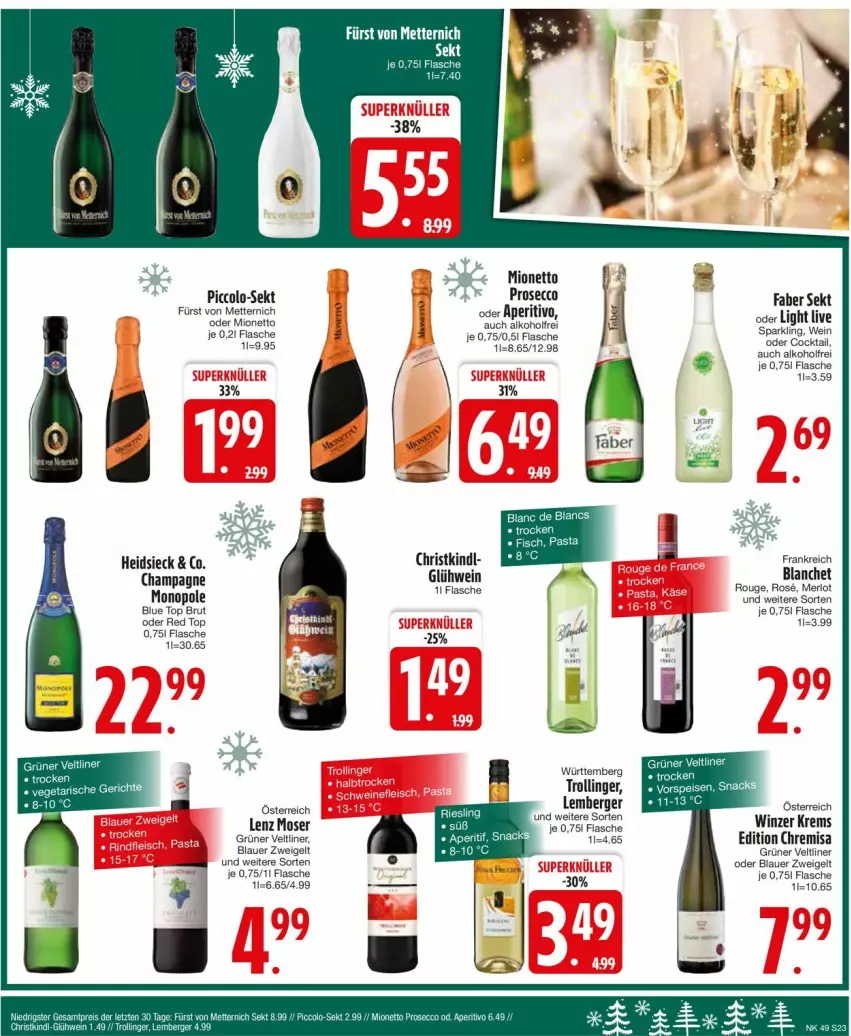 Aktueller Prospekt Edeka - Prospekte - von 02.12 bis 07.12.2024 - strona 25 - produkty: alkohol, auer, Berger, blauer zweigelt, brut, champagne, cocktail, de blancs, ecco, flasche, fürst von metternich, Glühwein, grüner veltliner, Lenz Moser, merl, merlot, Mett, metternich, mionetto, moser, pasta, prosecco, rouge, sekt, Ti, trolli, trollinger, wein, Zweigelt