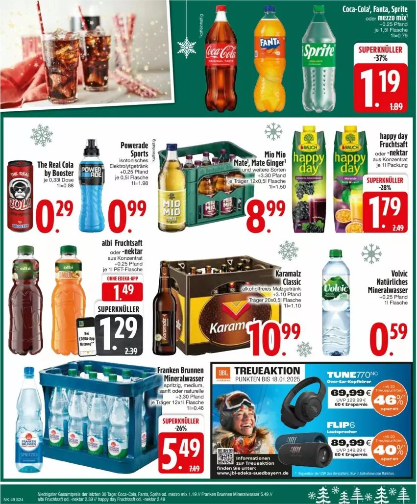 Aktueller Prospekt Edeka - Prospekte - von 02.12 bis 07.12.2024 - strona 26 - produkty: alkohol, Alwa, brunnen, cola, deka, Elektro, elle, flasche, franken brunnen, frucht, fruchtsaft, getränk, Happy Day, jbl, malz, mineralwasser, Mio Mio, natur, Nektar, pet-flasche, rel, saft, Sport, Ti, volvic, wasser