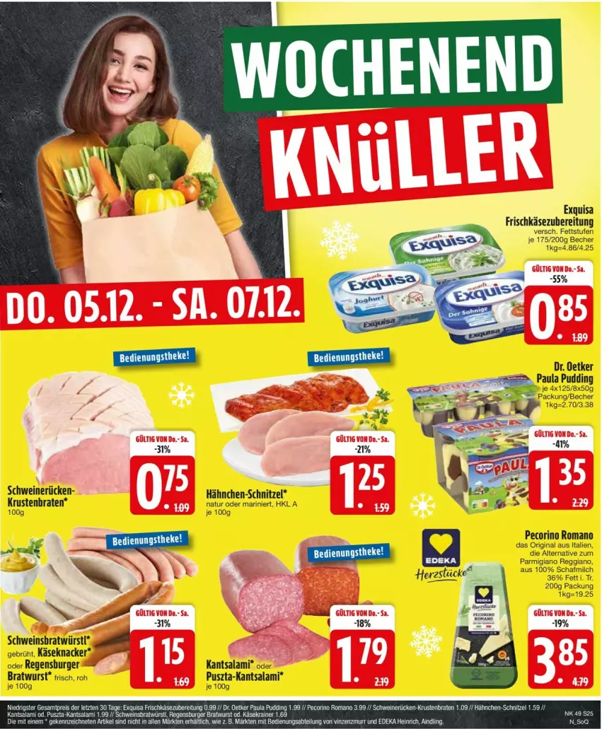 Aktueller Prospekt Edeka - Prospekte - von 02.12 bis 07.12.2024 - strona 27 - produkty: Becher, braten, bratwurst, burger, Dr. Oetker, exquisa, exquisa frischkäse, frischkäse, frischkäsezubereitung, gin, Käse, knacker, krustenbraten, milch, natur, parmigiano, parmigiano reggiano, Pecorino, pudding, regensburger, reggiano, salami, schnitzel, schwein, schweine, schweinerücken, Ti, wein, weine, wurst