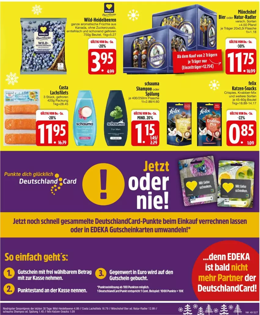 Aktueller Prospekt Edeka - Prospekte - von 02.12 bis 07.12.2024 - strona 29 - produkty: beere, beeren, beutel, bier, deka, deutschlandcard, eis, felix, filet, filets, flasche, früchte, gutschein, heidelbeere, heidelbeeren, lachs, lachsfilet, lachsfilets, mönchshof, natur, radler, schauma, shampoo, snack, snacks, spülung, tee, Ti, tisch, Wild, zucker