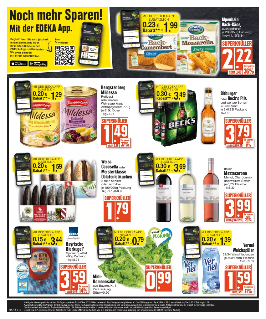 Aktueller Prospekt Edeka - Angebote der Woche - von 09.10 bis 14.10.2023 - strona 12 - produkty: Abtei, Alpenhain, angebot, auer, Bank, bier, bitburger, burger, chardonnay, cocos, corona, coupon, deka, eis, flasche, hengstenberg, Käse, Kraut, kuchen, Kugel, Lebkuchen, LG, Meister, merl, merlot, mezzacorona, nuss, Oblaten, pils, reis, Romanasalat, salat, Sauerkraut, smartphone, spitzenqualität, Ti, vernel, weichspüler, wein, Weinsauerkraut, ZTE