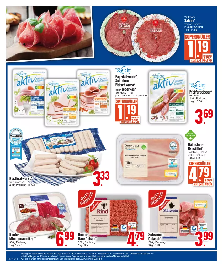 Aktueller Prospekt Edeka - Angebote der Woche - von 09.10 bis 14.10.2023 - strona 16 - produkty: Abtei, bratwurst, brustfilet, deka, eis, filet, fleisch, fleischwurst, gulasch, hackfleisch, hähnchen-brustfilet, hähnchenbrust, hähnchenbrustfilet, Käse, leberkäs, lyoner, minutenschnitzel, paprika, pfeffer, reis, rind, rinder, rinderhackfleisch, rostbratwurst, salami, schinken, schinkenfleischwurst, schnitten, schnitzel, schwein, schweine, schweinegulasch, Ti, wein, weine, wiltmann, wurst, Yo, ZTE