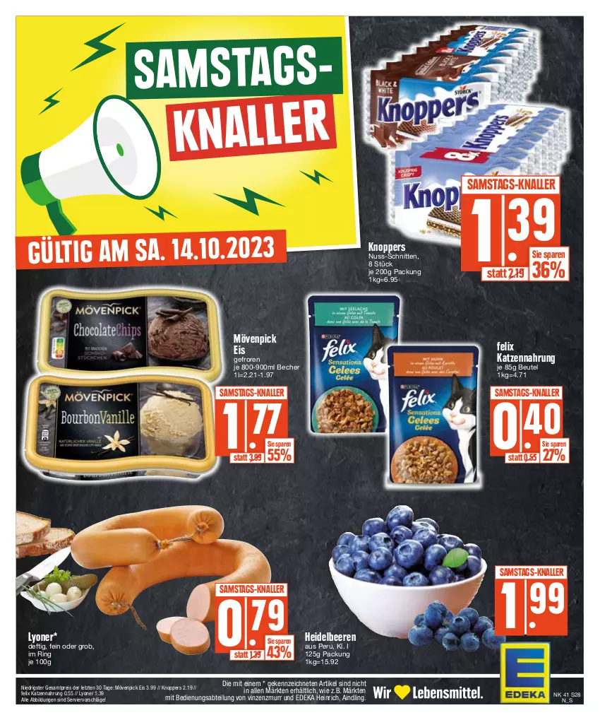 Aktueller Prospekt Edeka - Angebote der Woche - von 09.10 bis 14.10.2023 - strona 28 - produkty: Abtei, Becher, beere, beeren, beutel, deka, eis, felix, heidelbeere, heidelbeeren, katzennahrung, knoppers, lyoner, mövenpick, mövenpick eis, nuss, reis, ring, schnitten, Ti, Yo, ZTE