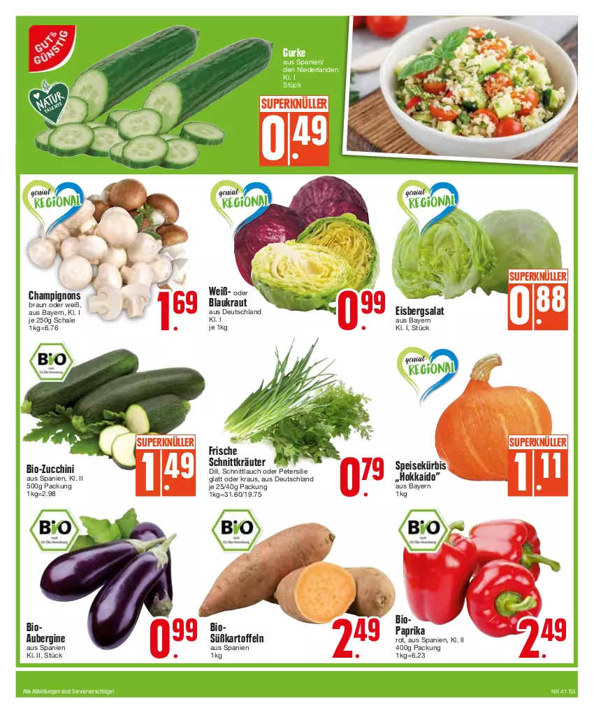 Aktueller Prospekt Edeka - Angebote der Woche - von 09.10 bis 14.10.2023 - strona 3 - produkty: aubergine, bio, bio-zucchini, braun, champignon, champignons, champignons braun, eis, eisbergsalat, gin, gurke, kartoffel, kartoffeln, Kraut, kräuter, Kürbis, paprika, paprika rot, petersilie, salat, Schal, Schale, schnittlauch, Süßkartoffeln, zucchini