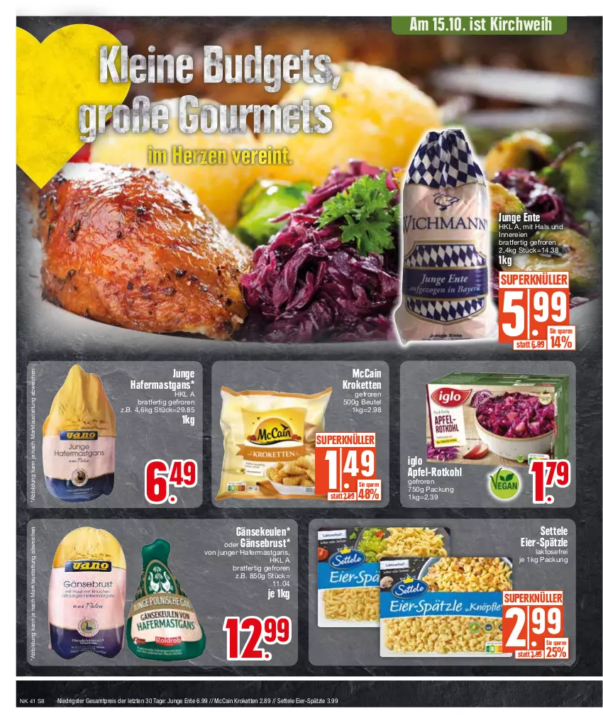 Aktueller Prospekt Edeka - Angebote der Woche - von 09.10 bis 14.10.2023 - strona 8 - produkty: apfel, aust, beutel, eier, eis, ente, Gänsebrust, Gänsekeulen, hafer, iglo, Kette, Kroketten, mccain, reis, rotkohl, settele, Ti, ZTE