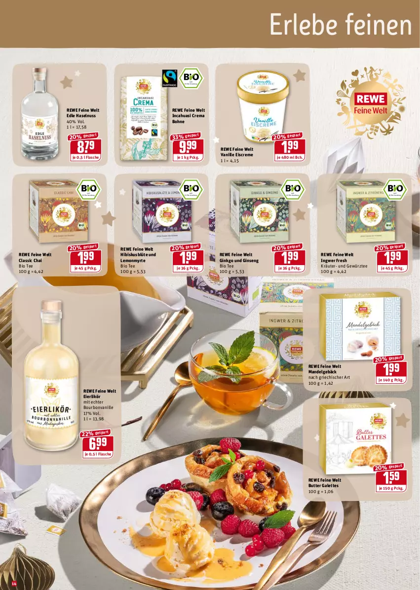 Aktueller Prospekt Rewe - Diese Woche im Angebot! - von 13.12 bis 18.12.2021 - strona 14 - produkty: bio, Blüte, bohne, bourbon, bourbonvanille, butter, creme, eier, eierlikör, eis, eiscreme, flasche, gewürz, gin, haselnuss, ingwer, kräuter, LG, likör, mandel, nuss, rewe feine welt, tee, usb, vanille, ZTE