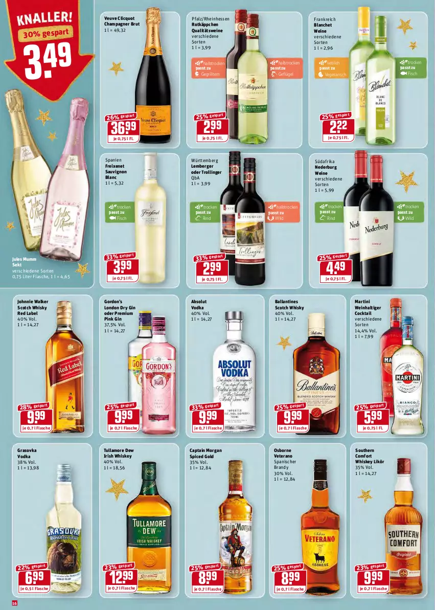 Aktueller Prospekt Rewe - Diese Woche im Angebot! - von 13.12 bis 18.12.2021 - strona 16 - produkty: Absolut Vodka, ball, Berger, brut, Cap, captain morgan, champagne, champagner, cocktail, dry gin, fisch, flasche, freixenet, Geflügel, gin, gordon, Gordon’s, grill, irish whiskey, johnnie walker, jules mumm, likör, london dry, london dry gin, martini, mumm, nederburg, osborne, qualitätswein, qualitätsweine, rind, rotkäppchen, sauvignon, sauvignon blanc, scotch, scotch whisky, sekt, Southern Comfort, Ti, trolli, trollinger, tullamore, tullamore dew, Vegeta, veterano, vodka, wein, weine, whiskey, whisky, Wild