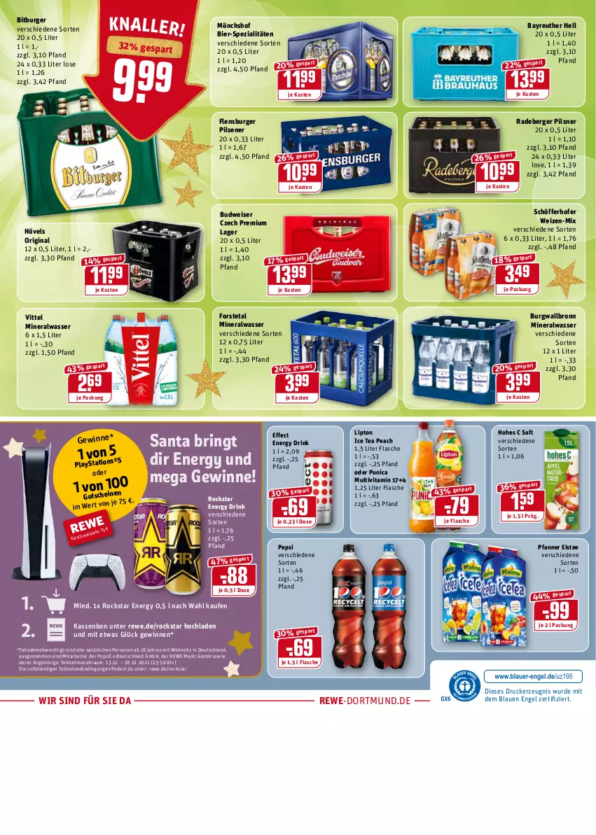 Aktueller Prospekt Rewe - Diese Woche im Angebot! - von 13.12 bis 18.12.2021 - strona 20 - produkty: Alwa, Berger, bier, bitburger, budweiser, burger, burgwallbronn, drink, drucker, Effect, eis, eistee, energy drink, Engel, flasche, flensburger, Forstetal, gin, Hohes C, ice tea, kerze, lipton, lipton ice tea, mineralwasser, mönchshof, pepsi, pfanne, Pfanner, pils, pilsener, pilsner, punica, radeberger, radeberger pilsner, ring, Rockstar, saft, schöfferhofer, Spezi, tee, Ti, uhr, vita, vittel, wasser