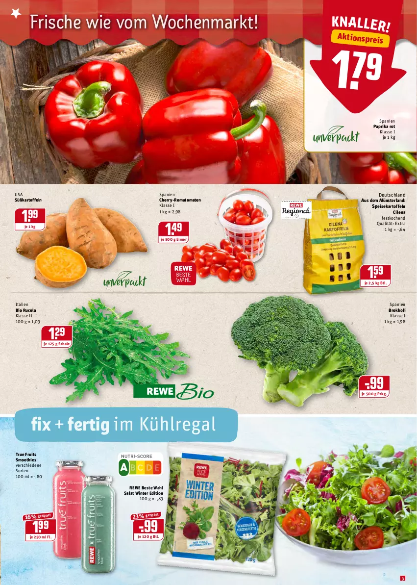 Aktueller Prospekt Rewe - Diese Woche im Angebot! - von 13.12 bis 18.12.2021 - strona 3 - produkty: bio, brokkoli, cola, eimer, eis, kartoffel, kartoffeln, kühlregal, paprika, paprika rot, regal, rewe beste wahl, Romatomaten, rucola, salat, Schal, Schale, smoothie, smoothies, speisekartoffeln, Süßkartoffeln, Ti, tomate, tomaten, true fruits