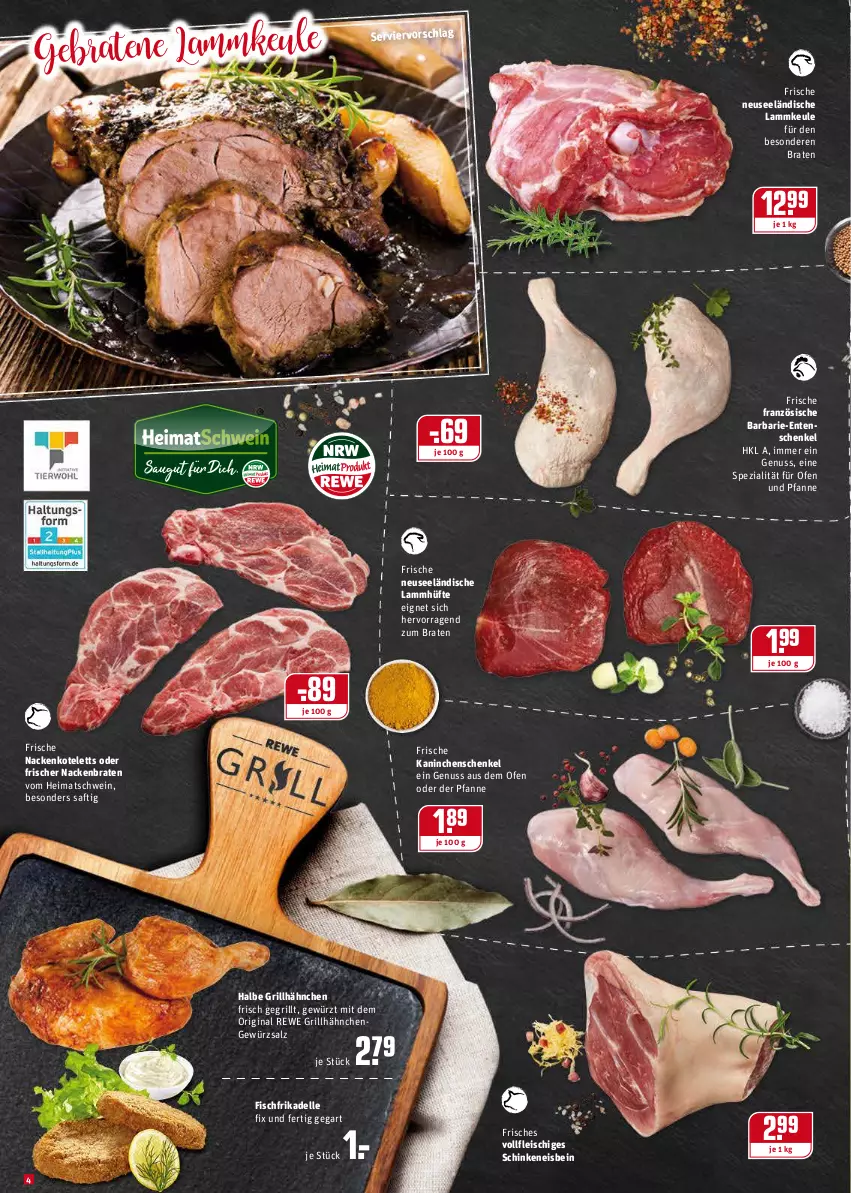 Aktueller Prospekt Rewe - Diese Woche im Angebot! - von 13.12 bis 18.12.2021 - strona 4 - produkty: braten, dell, eis, elle, ente, Entenschenkel, fisch, fleisch, gewürz, gewürzsalz, gin, grill, grillhähnchen, henkel, Kaninchenschenkel, kotelett, lamm, lammkeule, nackenkoteletts, nuss, Ofen, pfanne, saft, salz, schenkel, schinken, schwein, Spezi, Ti, und pfanne, wein