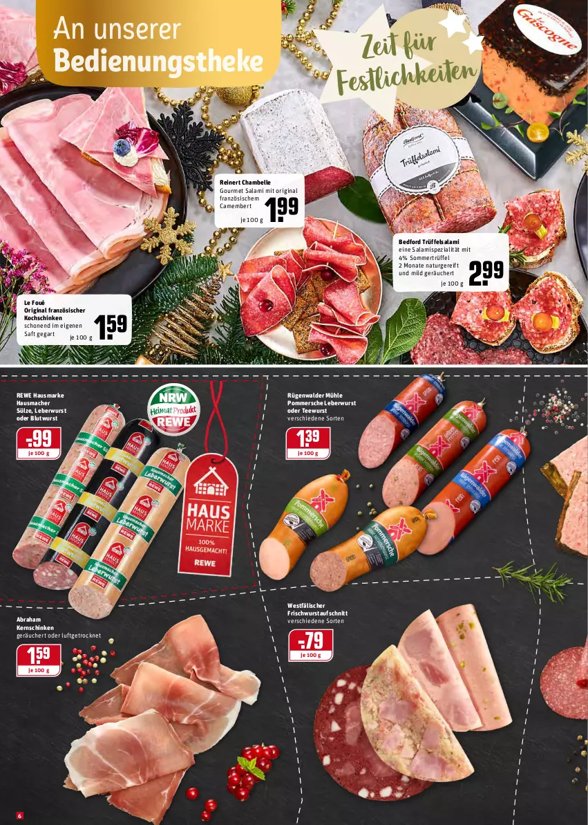 Aktueller Prospekt Rewe - Diese Woche im Angebot! - von 13.12 bis 18.12.2021 - strona 6 - produkty: aufschnitt, camembert, elle, gin, Hausmacher, hausmarke, kernschinken, kochschinken, leberwurst, mac, natur, Pommersche, reinert, rewe hausmarke, rügenwalder, rügenwalder mühle, saft, salami, schinken, Spezi, tee, teewurst, Trüffel, wurst