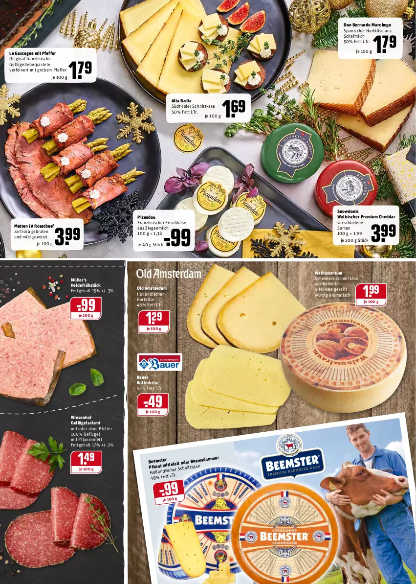 Aktueller Prospekt Rewe - Diese Woche im Angebot! - von 13.12 bis 18.12.2021 - strona 7 - produkty: auer, Bad, Bau, Bauer, beef, braten, butter, butterkäse, cheddar, elle, frischkäse, Geflügel, gewürz, gin, hartkäse, heidefrühstück, Käse, Manchego, Mett, metten, milch, Müller, nuss, Old Amsterdam, pastete, pfeffer, pflanze, pflanzen, Pflanzenfett, roastbeef, salami, schnittkäse, schweizer schnittkäse, südtiroler, Ti, tisch, walnuss, wiesenhof