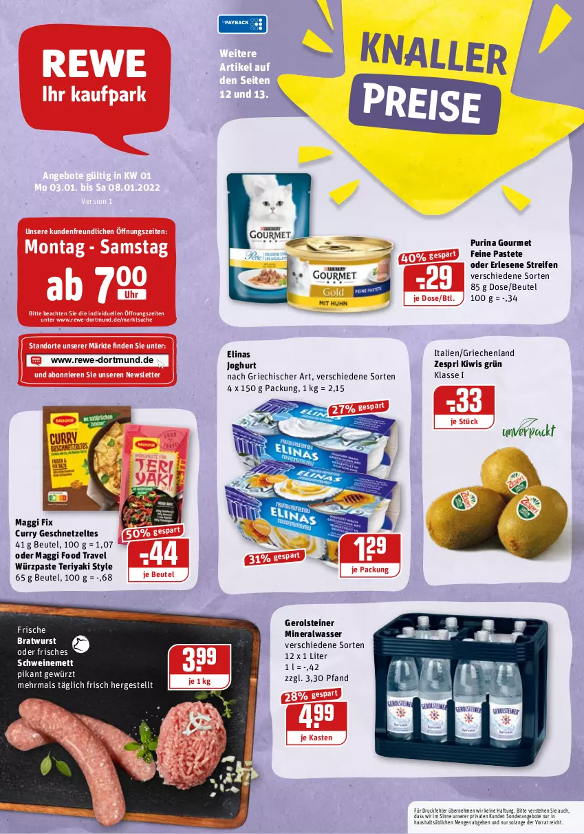 Aktueller Prospekt Rewe - REWE Ihr Kaufpark - von 03.01 bis 08.01.2022 - strona 1 - produkty: Alwa, angebot, angebote, beutel, bratwurst, curry, eis, elinas, elinas joghurt, elle, gerolsteine, gerolsteiner, geschnetzeltes, gewürz, joghur, joghurt, joghurt nach, kiwi, maggi, maggi fix, Mett, mineralwasser, pastete, purina, reifen, reis, schwein, schweine, schweinemett, steiner, Ti, uhr, wasser, wein, weine, wurst, Zelt, zespri