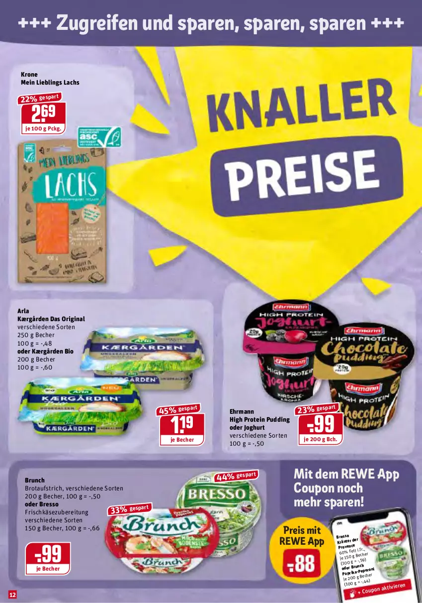 Aktueller Prospekt Rewe - REWE Ihr Kaufpark - von 03.01 bis 08.01.2022 - strona 12 - produkty: arla, aufstrich, Becher, bio, bresso, brot, brotaufstrich, coupon, ehrmann, eis, frischkäse, frischkäsezubereitung, gin, joghur, joghurt, Kærgården, Käse, kräuter, krone, lachs, paprika, pudding, reifen, reis, Ti