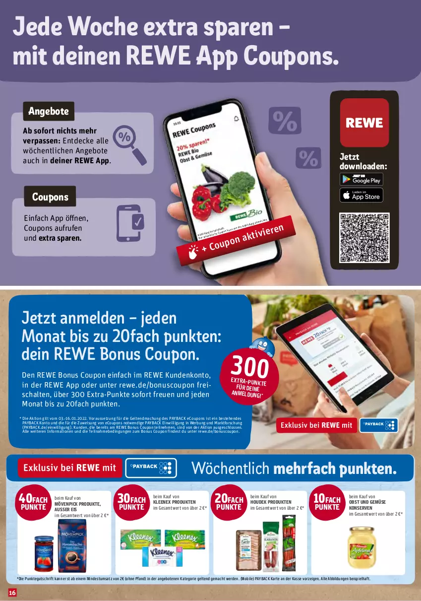 Aktueller Prospekt Rewe - REWE Ihr Kaufpark - von 03.01 bis 08.01.2022 - strona 16 - produkty: angebot, angebote, coupon, coupons, decke, eis, erde, houdek, Konserven, mac, mövenpick, obst, Obst und Gemüse, payback, reis, Schal, Ti, und gemüse