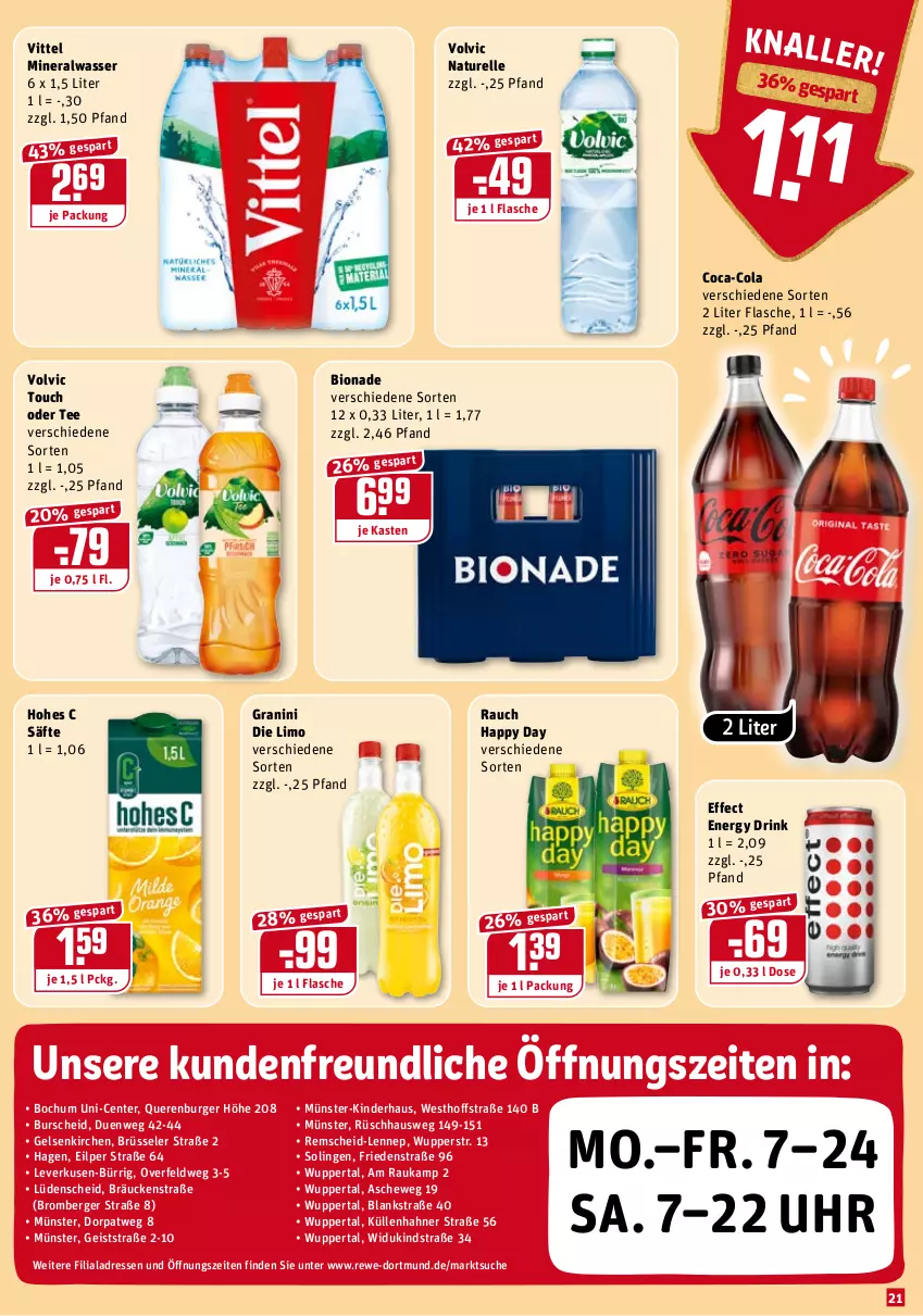 Aktueller Prospekt Rewe - REWE Ihr Kaufpark - von 03.01 bis 08.01.2022 - strona 21 - produkty: Alwa, Berger, bio, bionade, burger, coca-cola, cola, drink, Effect, eis, elle, energy drink, ente, flasche, granini, granini die limo, Happy Day, Hohes C, Kinder, limo, mineralwasser, natur, Rauch, rel, säfte, tee, uhr, vittel, volvic, wasser