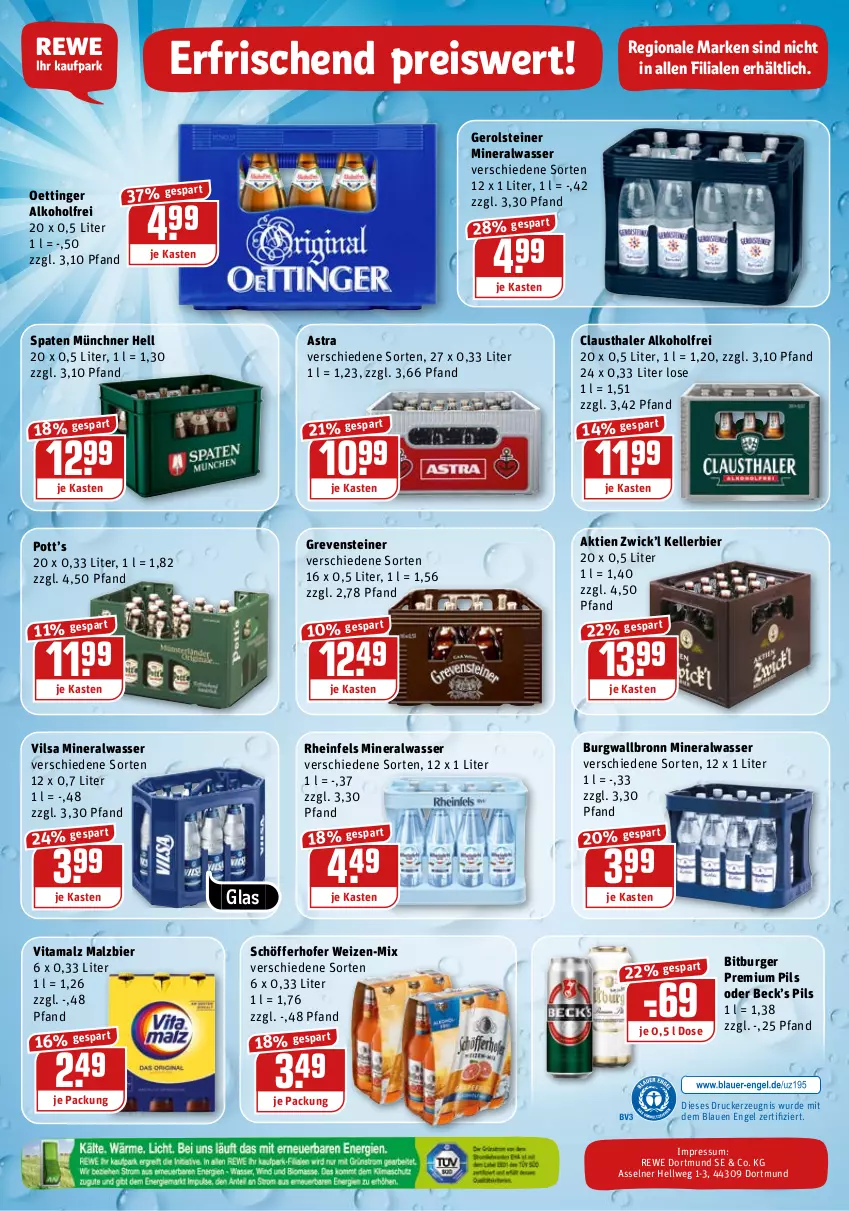 Aktueller Prospekt Rewe - REWE Ihr Kaufpark - von 03.01 bis 08.01.2022 - strona 24 - produkty: alkohol, Alwa, Astra, aust, bier, bitburger, burger, burgwallbronn, clausthaler, drucker, eis, elle, Engel, gerolsteine, gerolsteiner, grevensteiner, kellerbier, kerze, malz, mineralwasser, oettinger, pils, premium pils, reis, schöfferhofer, Spaten, steiner, Ti, vilsa, vita, vitamalz, wasser, WICK