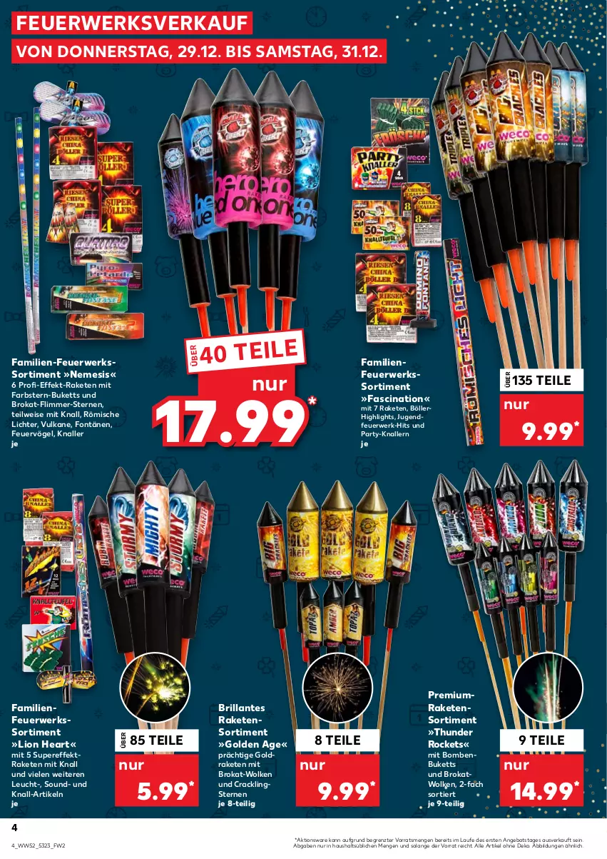 Aktueller Prospekt Kaufland - von 29.12 bis 31.12.2022 - strona 4 - produkty: angebot, cin, eis, Feuerwerkssortiment, Jugendfeuerwerk, lion, Raketen, Raketensortiment, Rockets, Römische Lichter, rwe, Ti, ZTE