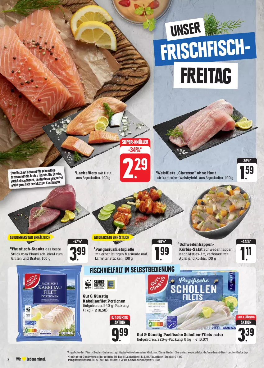 Aktueller Prospekt Edeka - Angebote der Woche - von 18.09 bis 23.09.2023 - strona 10 - produkty: angebot, angebote, apfel, aqua, braten, deka, eis, filet, filets, fisch, fische, grill, ideal zum grillen, kabeljaufilet, Kürbis, lachs, lachsfilet, lachsfilets, limette, limetten, marinade, matjes, Mett, metten, natur, Pangasius, reis, salat, scholl, steak, steaks, super-knüller, thunfisch, Ti, Wels, ZTE