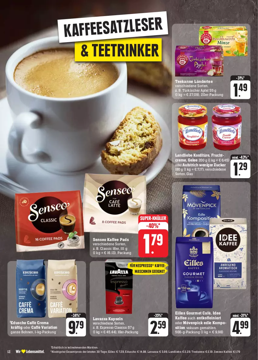 Aktueller Prospekt Edeka - Angebote der Woche - von 18.09 bis 23.09.2023 - strona 14 - produkty: apfel, aufstrich, bohne, bohnen, caffè crema, classico, creme, eduscho, eilles gourmet, eis, espresso, frucht, gelee, gourmet café, kaffee, kaffeemaschine, konfitüre, Ländertee, landliebe, lavazza, mövenpick, nespresso, reis, Ria, senseo, super-knüller, tee, teekanne, Ti, ZTE, zucker