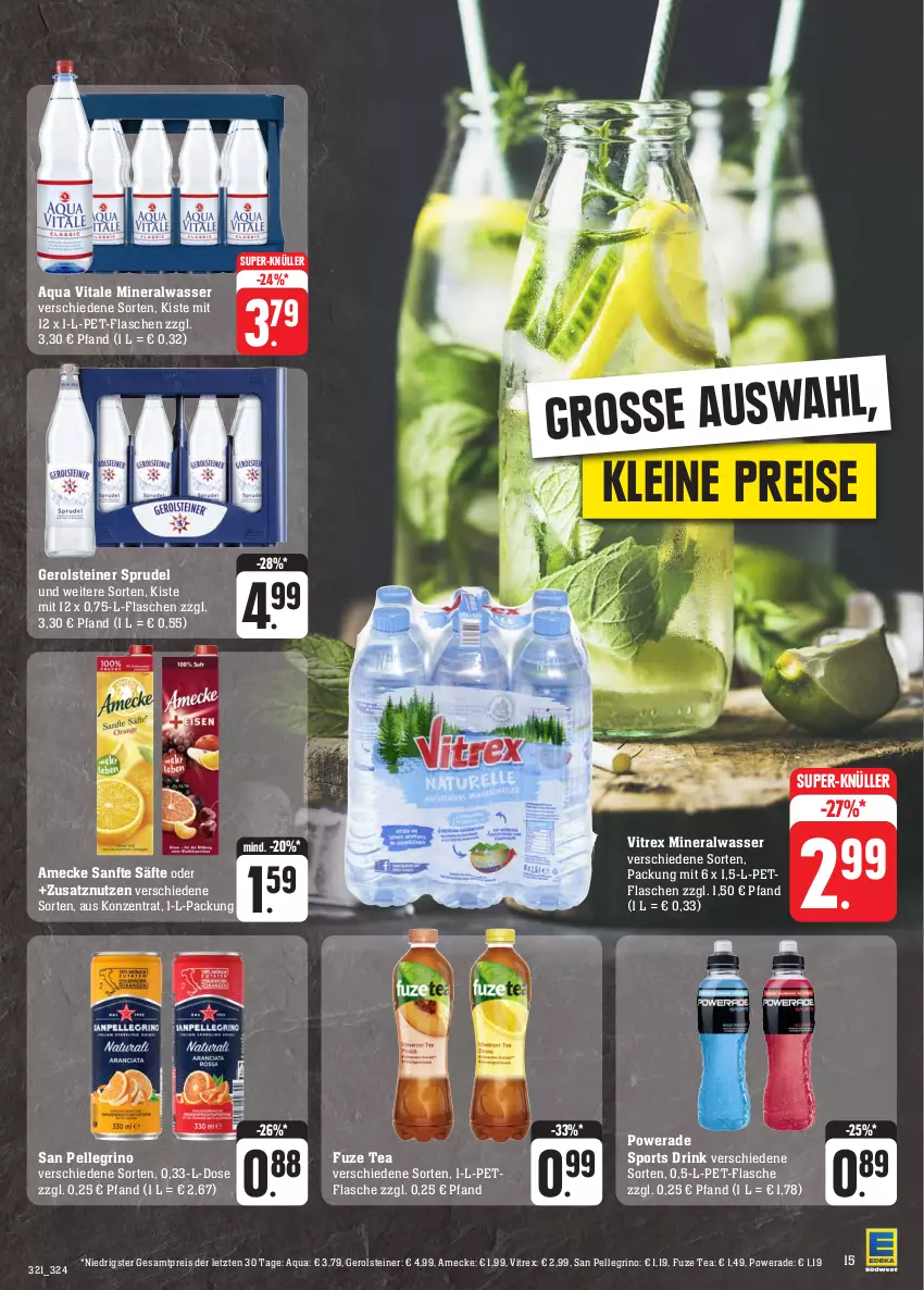 Aktueller Prospekt Edeka - Angebote der Woche - von 18.09 bis 23.09.2023 - strona 17 - produkty: Alwa, amecke, aqua, drink, eis, elle, flasche, fuze tea, gerolsteine, gerolsteiner, leine, mineralwasser, pet-flasche, pet-flaschen, reis, säfte, san pellegrino, Sport, Sprudel, steiner, super-knüller, vita, vitrex, wasser, ZTE