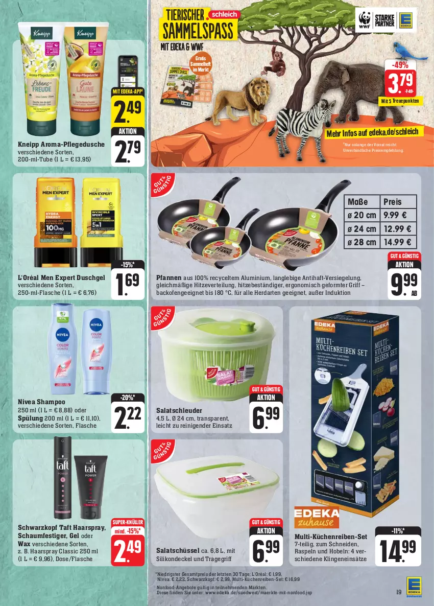 Aktueller Prospekt Edeka - Angebote der Woche - von 18.09 bis 23.09.2023 - strona 21 - produkty: angebot, angebote, backofen, decke, Deckel, deka, dusche, duschgel, eis, flasche, haarspray, herdarten, kneipp, küche, Küchen, Küchenreibe, nivea, Ofen, pfanne, pfannen, pflegedusche, reis, salat, schaumfestiger, Schleich, schüssel, schwarzkop, schwarzkopf, shampoo, shampoo 250 ml, spülung, spülung 200 ml, super-knüller, Taft, Ti, tragegriff, ZTE