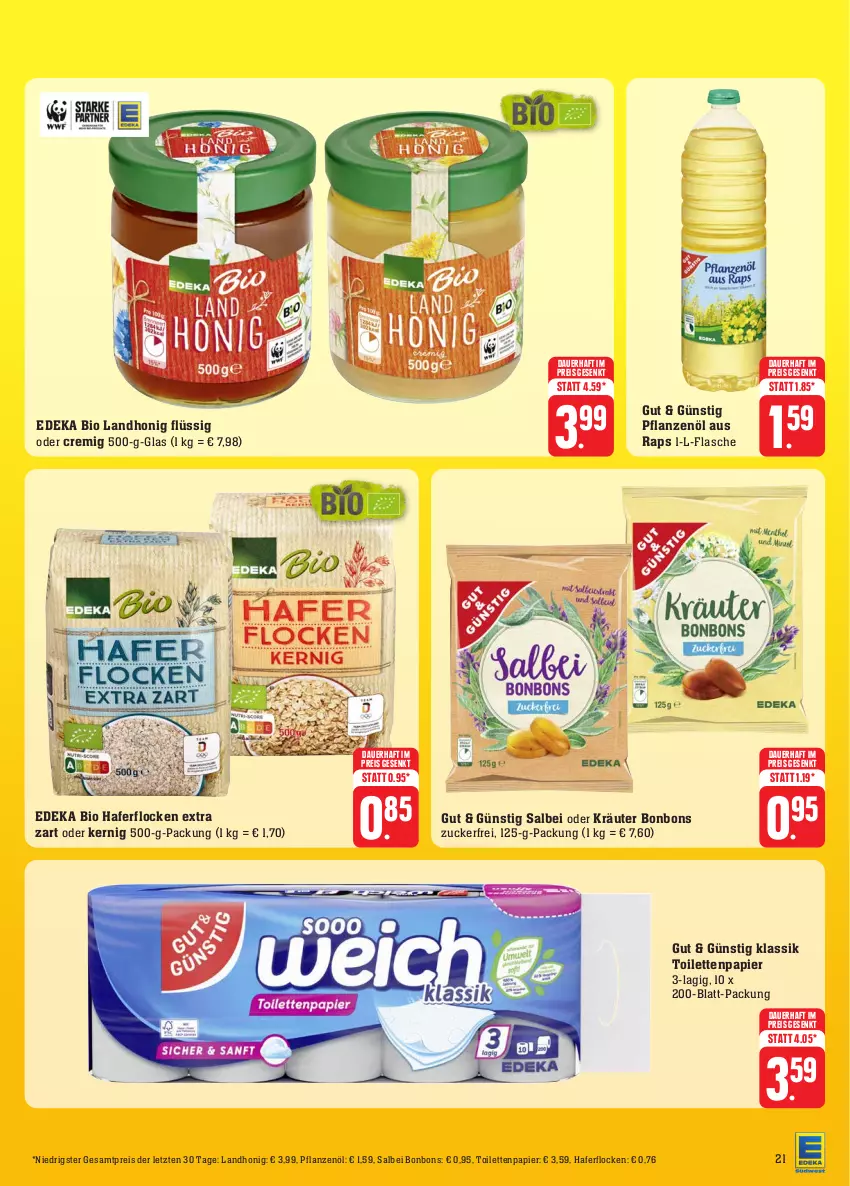 Aktueller Prospekt Edeka - Angebote der Woche - von 18.09 bis 23.09.2023 - strona 24 - produkty: auer, bio, bonbons, deka, edeka bio, eis, flasche, hafer, haferflocken, honig, kräuter, oder kräuter, papier, pflanze, pflanzen, Pflanzenöl, reis, Ti, toilettenpapier, ZTE, zucker