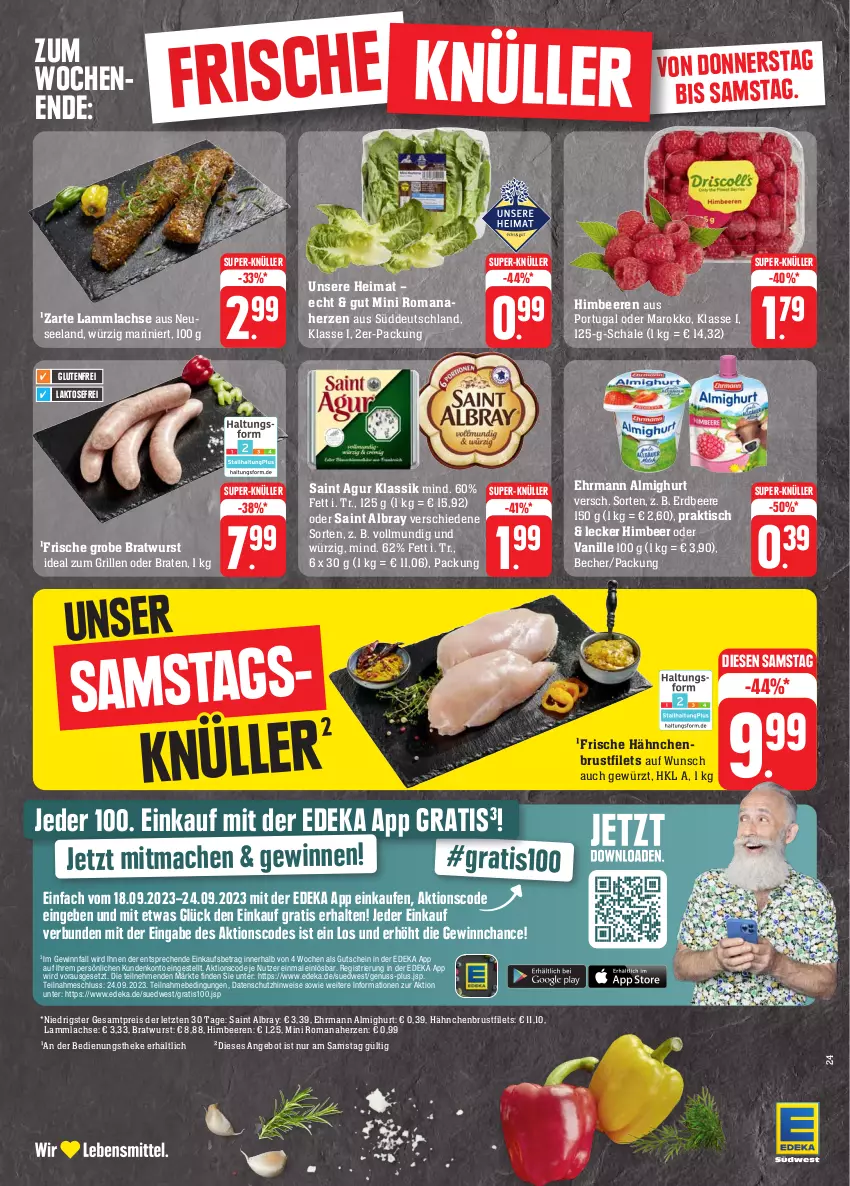 Aktueller Prospekt Edeka - Angebote der Woche - von 18.09 bis 23.09.2023 - strona 27 - produkty: albray, almighur, almighurt, angebot, Becher, beere, beeren, braten, bratwurst, brustfilet, deka, ehrmann, ehrmann almighurt, eis, Elan, erdbeere, filet, filets, Frische Hähnchen, gewürz, grill, grobe bratwurst, gutschein, hähnchenbrust, hähnchenbrustfilet, himbeer, himbeere, himbeeren, ideal zum grillen, lachs, lamm, lammlachse, mac, nuss, reis, Saint Agur, saint albray, Schal, Schale, super-knüller, Ti, tisch, vanille, wurst, ZTE