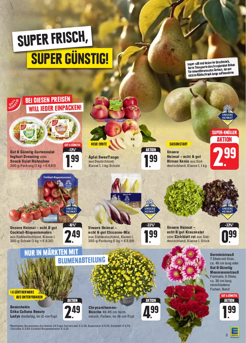 Aktueller Prospekt Edeka - Angebote der Woche - von 18.09 bis 23.09.2023 - strona 3 - produkty: Bau, Birnen, blume, blumen, chrysanthemen, cocktail, dressing, eis, Garten, Germ, joghur, joghurt, Kraussalat, mac, reis, rispentomaten, rosen, Rosenstrauß, salat, Schal, Schale, snack, super-knüller, Ti, tomate, tomaten, topf, ZTE