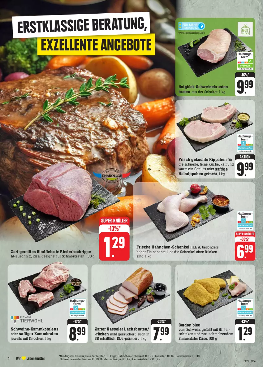 Aktueller Prospekt Edeka - Angebote der Woche - von 18.09 bis 23.09.2023 - strona 4 - produkty: angebot, angebote, braten, cordon bleu, eis, elle, emmentaler, ente, fleisch, Frische Hähnchen, hähnchen-schenkel, henkel, hinterschinken, Käse, kasseler, kotelett, krustenbraten, küche, lachs, Lachsbraten, LG, nuss, reis, rind, rinder, rindfleisch, saft, schenkel, schinken, schmorbraten, schwein, schweine, super-knüller, Ti, wein, weine, ZTE