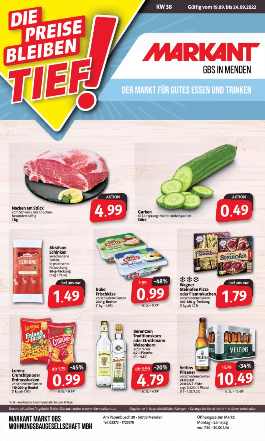 Aktueller Prospekt Markant - Prospekte - von 19.09 bis 24.09.2022 - strona 1 - produkty: angebot, angebote, Bau, Becher, Buko, chips, crunchips, eis, elle, flammkuchen, frischkäse, gutes essen, Käse, kuchen, lamm, Ofen, pizza, reis, saft, schinken, schwein, steinofen, steinofen pizza, Ti, tisch, uhr, wein, ZTE