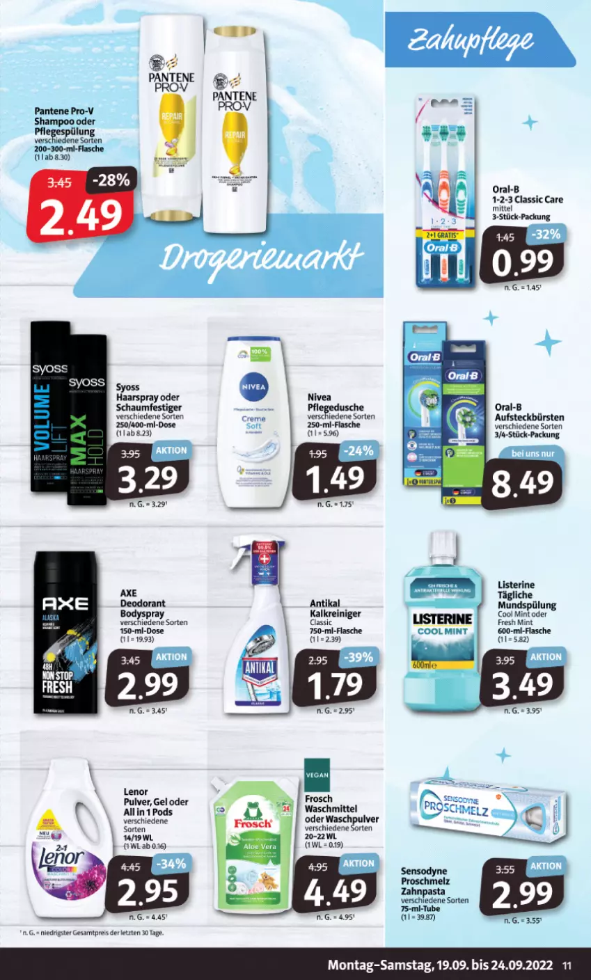 Aktueller Prospekt Markant - Prospekte - von 19.09 bis 24.09.2022 - strona 11 - produkty: aufsteckbürsten, axe, bürste, bürsten, deo, deodorant, dusche, eis, flasche, haarspray, HP, Kalkreiniger, lenor, listerine, mint, mundspülung, nivea, oder schaumfestiger, oral-b, pantene, pantene pro-v, pasta, pflegedusche, Pods, pro-v, reiniger, reis, schaumfestiger, sensodyne, shampoo, spülung, Ti, waschmittel, Waschpulver, Yo, zahnpasta, ZTE