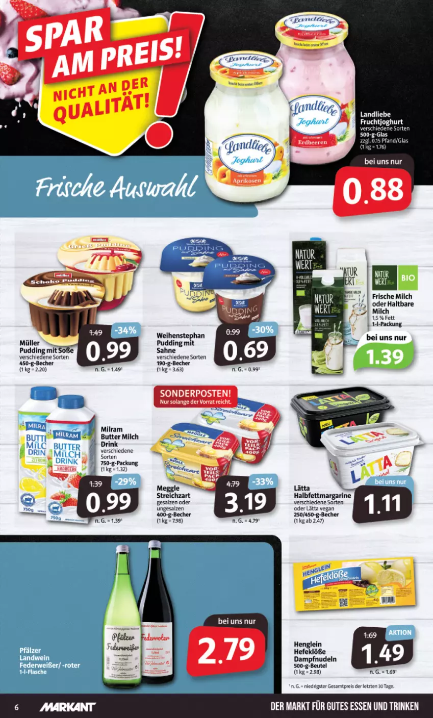 Aktueller Prospekt Markant - Prospekte - von 19.09 bis 24.09.2022 - strona 6 - produkty: Becher, beutel, butter, drink, eis, frische milch, frucht, fruchtjoghurt, gutes essen, halbfettmargarine, Hefe, henglein, joghur, joghurt, landliebe, lätta, margarine, meggle, milch, milram, Müller, nudel, nudeln, pudding, reis, sahne, salz, sonderposten, Soße, tee, Ti, weihenstephan, ZTE