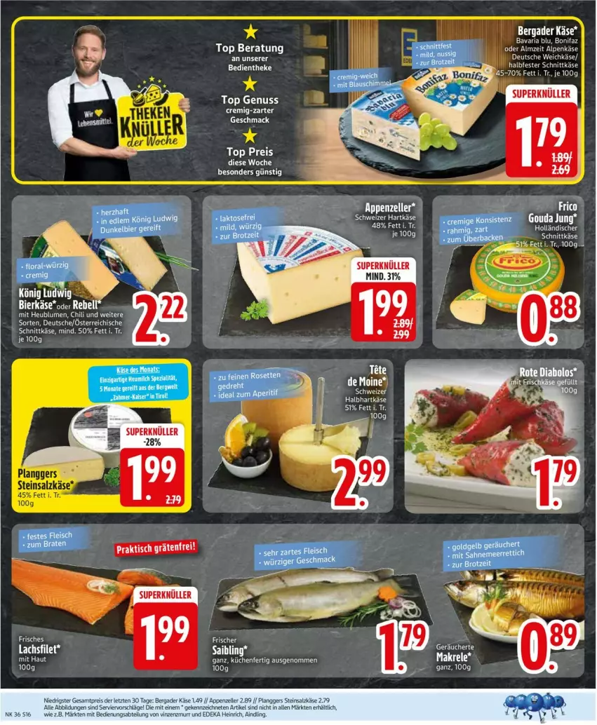 Aktueller Prospekt Edeka - Prospekte - von 01.09 bis 06.09.2025 - strona 18 - produkty: bavaria blu, bergader, blume, blumen, chili, deka, eis, filet, frico, gouda, gouda jung, halbfester schnittkäse, hartkäse, Heu, Käse, lachs, lachsfilet, mac, Makrele, nuss, reis, rel, Ria, salz, schnittkäse, schweizer hartkäse, Steinsalzkäse, Ti, weichkäse, ZTE