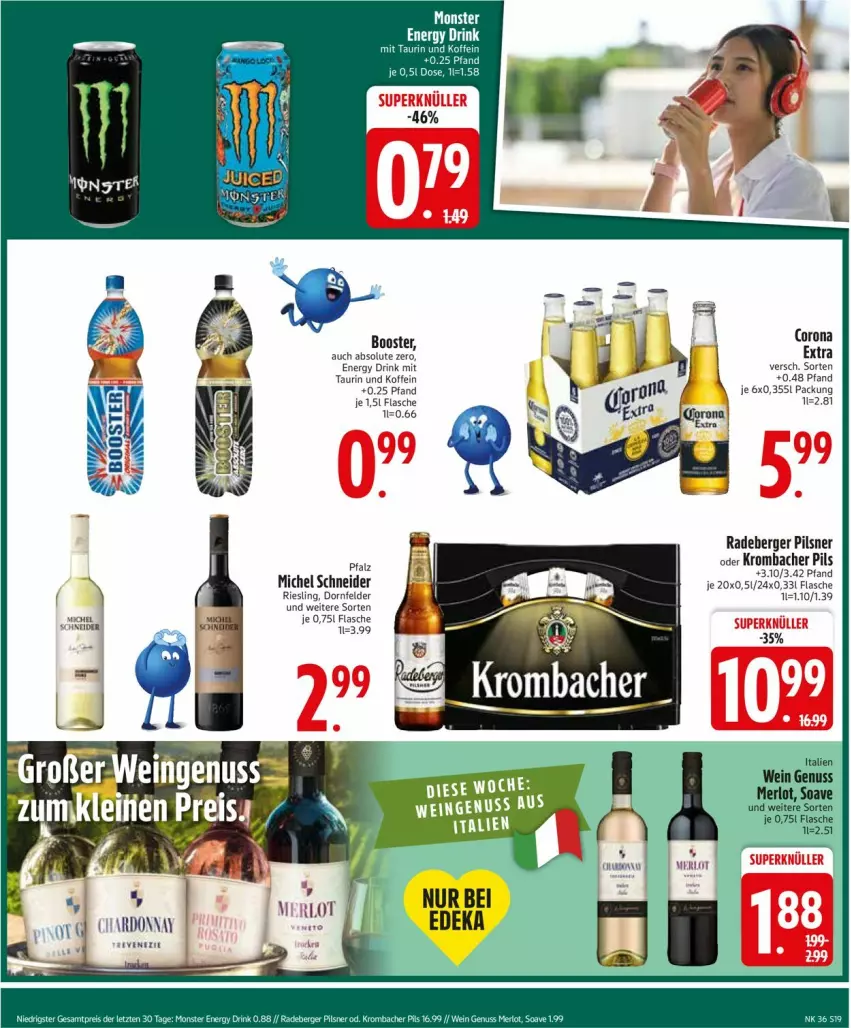Aktueller Prospekt Edeka - Prospekte - von 01.09 bis 06.09.2025 - strona 21 - produkty: auer, Berger, corona, corona extra, deka, dornfelder, drink, eis, energy drink, flasche, krombache, krombacher, krombacher pils, merl, merlot, Michel Schneider, monster, Monster Energy, nuss, pils, pilsner, radeberger, radeberger pilsner, reis, riesling, rum, wein, ZTE