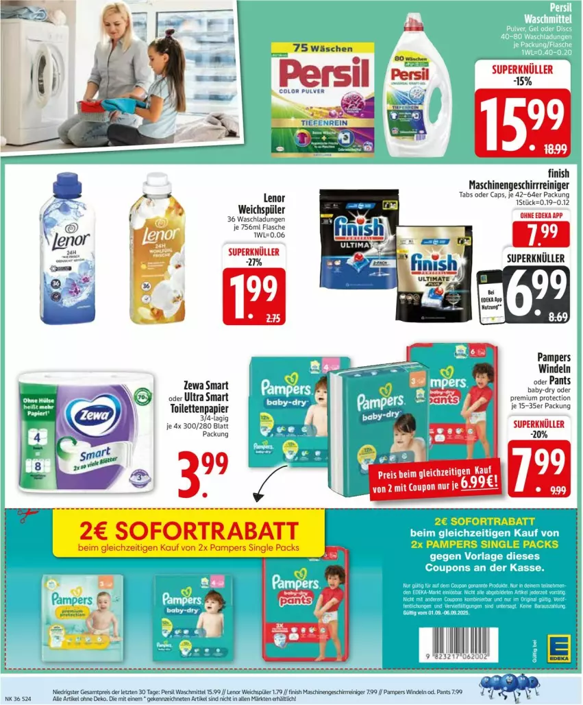 Aktueller Prospekt Edeka - Prospekte - von 01.09 bis 06.09.2025 - strona 26 - produkty: baby-dry, Cap, deka, eis, Finish, flasche, geschirr, lenor, lenor weichspüler, pampers, Pants, papier, persil, persil waschmittel, reiniger, reis, tee, Ti, waschmittel, weichspüler, windeln, ZTE