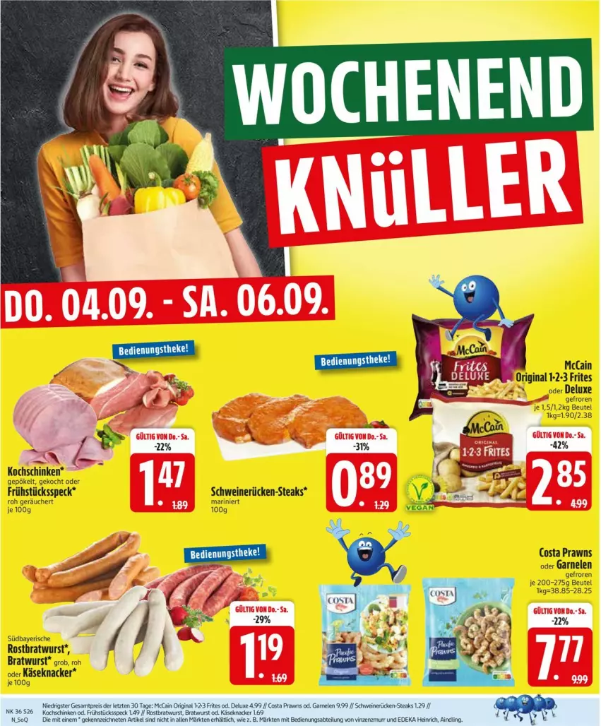 Aktueller Prospekt Edeka - Prospekte - von 01.09 bis 06.09.2025 - strona 28 - produkty: beutel, bratwurst, eis, Frühstücksspeck, garnelen, gin, Käse, knacker, kochschinken, mccain, prawns, reis, rostbratwurst, schinken, schwein, schweine, schweinerücken, Speck, steak, steaks, Ti, wein, weine, wurst, ZTE