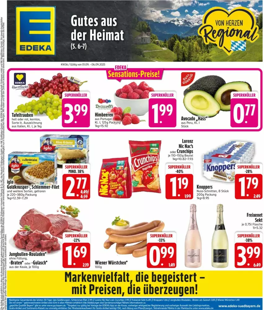Aktueller Prospekt Edeka - Prospekte - von 01.09 bis 06.09.2025 - strona 3 - produkty: avocado, beere, beeren, beutel, braten, chips, crunchips, deka, eis, flasche, freixenet, gulasch, himbeer, himbeere, himbeeren, jungbullen, knoppers, lorenz, nuss, reis, rel, rouladen, schnitten, tafeltrauben, Ti, trauben, wiener, wiener würstchen, würstchen