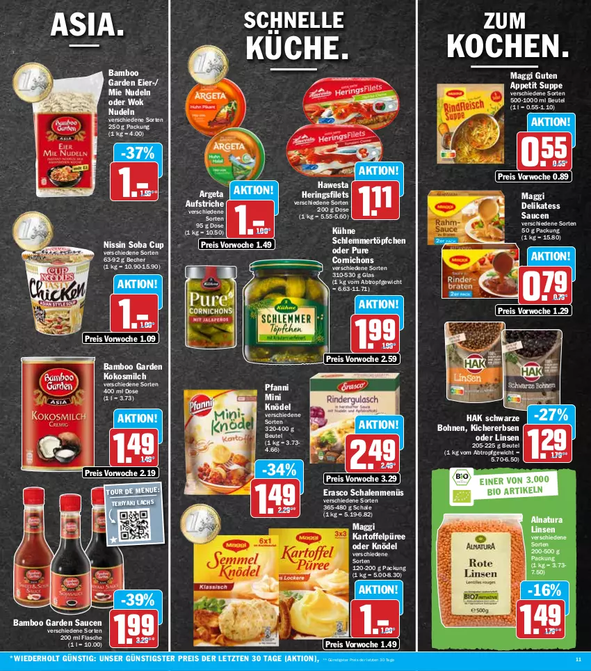 Aktueller Prospekt Hit - Prospekte - von 19.09 bis 24.09.2022 - strona 11 - produkty: aufstrich, bamboo, Becher, beutel, bohne, bohnen, delikatess sauce, eier, eis, elle, erasco, erbsen, filet, filets, flasche, hawesta, hering, Herings, heringsfilets, kartoffel, Kartoffelpüree, kichererbsen, Knödel, kokos, kokosmilch, küche, Kühne, lachs, linsen, maggi, milch, natur, natura, Nissin, nudel, nudeln, pfanni, püree, reis, ring, sauce, saucen, Schal, Schale, schlemmertöpfchen, suppe, Ti, Töpfchen, wok, ZTE