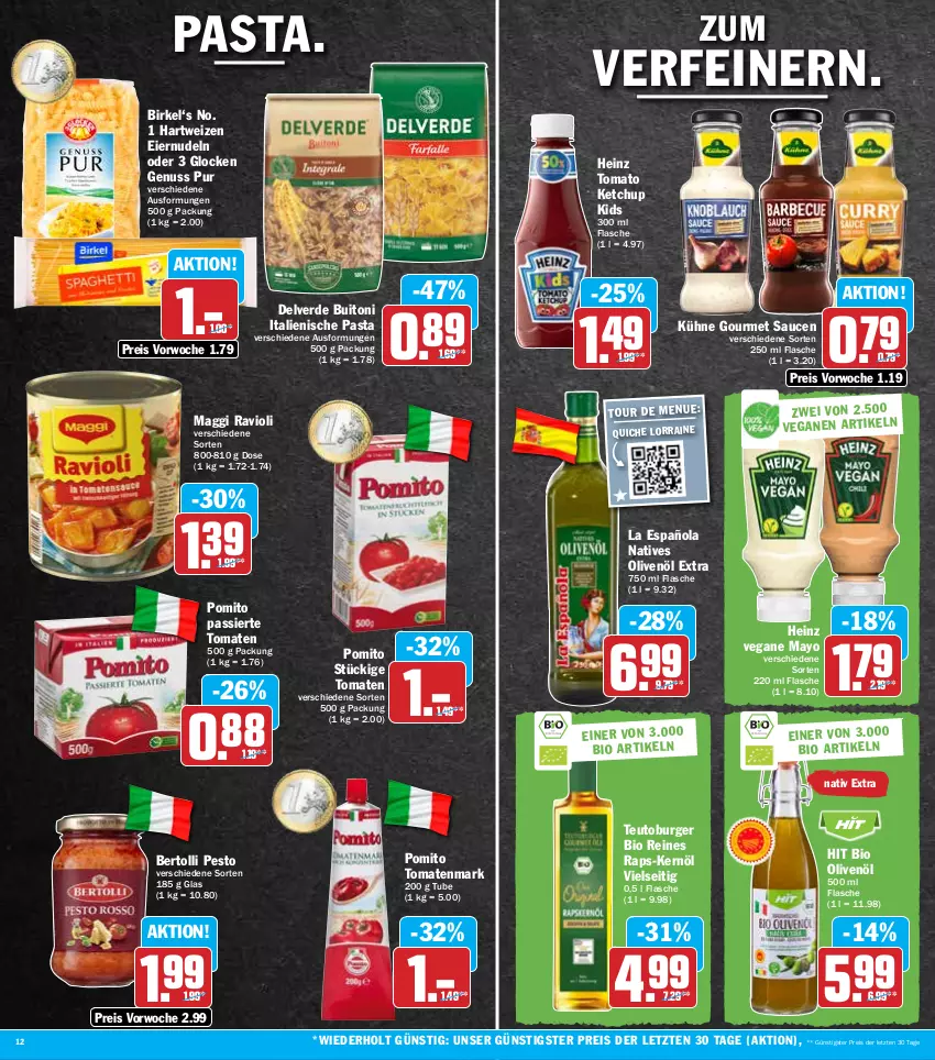 Aktueller Prospekt Hit - Prospekte - von 19.09 bis 24.09.2022 - strona 12 - produkty: bertolli, bio, birkel, buitoni, burger, eier, eiernudeln, eis, erde, flasche, hartweizen, heinz, italienische pasta, ketchup, Kühne, maggi, natives olivenöl, nudel, nudeln, nuss, olive, oliven, olivenöl, olivenöl extra, pasta, pesto, pomito, Quiche, ravioli, reis, sauce, saucen, Ti, tomate, tomaten, tomatenmark, tomato ketchup, Yo, ZTE