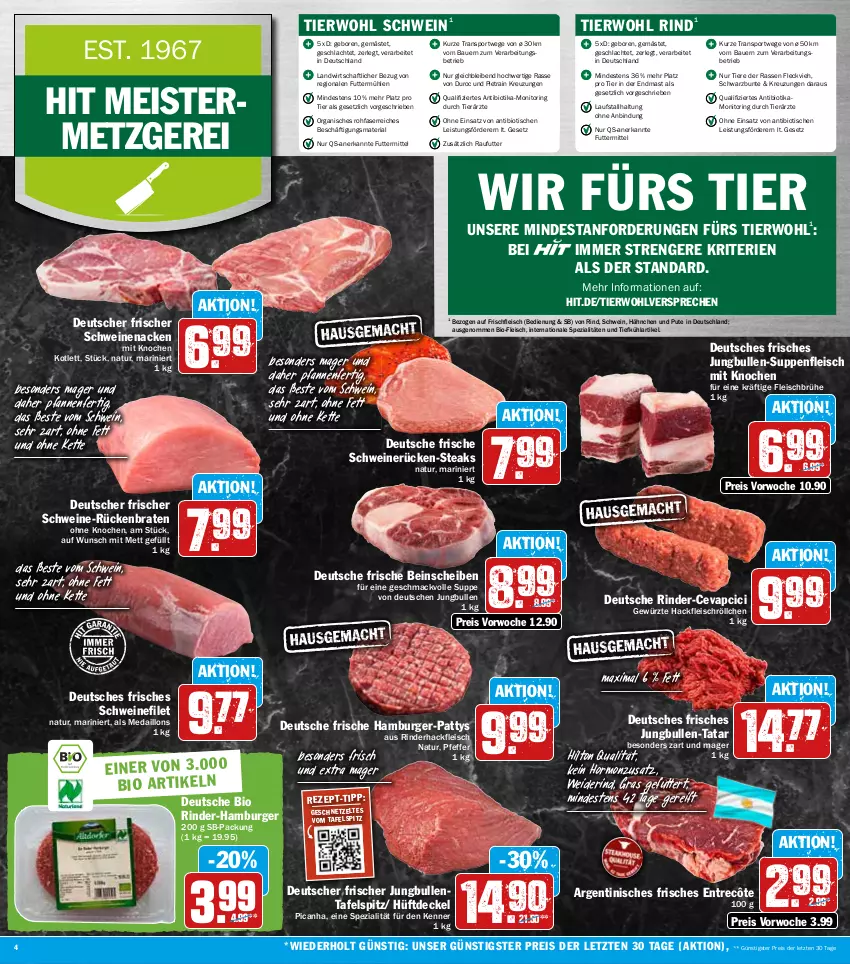 Aktueller Prospekt Hit - Prospekte - von 19.09 bis 24.09.2022 - strona 4 - produkty: auer, Bau, Bauer, bio, braten, Brühe, burger, cevapcici, decke, Deckel, eis, entrecôte, filet, fleisch, Geflügel, geschnetzeltes, gewürz, hackfleisch, hamburger, jungbullen, Kette, mac, medaillons, Meister, Mett, monitor, natur, pfanne, pfannen, pfeffer, pute, reis, Ria, rind, rinder, rinderhackfleisch, ring, Rückenbraten, schwein, schweine, schweinefilet, schweinenacken, schweinerücken, Spezi, Sport, steak, steaks, suppe, suppen, suppenfleisch, tafelspitz, Ti, Tiere, tisch, wein, weine, Zelt, ZTE