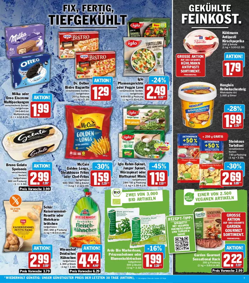 Aktueller Prospekt Hit - Prospekte - von 19.09 bis 24.09.2022 - strona 7 - produkty: antipasti, asti, aus dem kühlregal, baguette, beutel, bio, Bistro Baguette, blattspinat, blume, blumen, blumenkohl, bohne, bohnen, brötchen, bruno gelato, creme, Dr. Oetker, eimer, eis, eiscreme, ente, erbsen, feinkost, garden gourmet, Golden Longs, henglein, HP, iglo, Kaiser, Kaisersemmel, kirsch, korn, kuchen, kühlmann, kühlregal, mccain, milka, oreo, paprika, pfanne, pfannen, prinzessbohnen, rahm-spinat, regal, reis, sauce, Schal, Schale, Semmel, spaghetti, spinat, steak, steinhaus, Ti, tomate, tomaten, tomatensauce, torte, tortelloni, veggie, Veggie Love, wiesenhof, ZTE